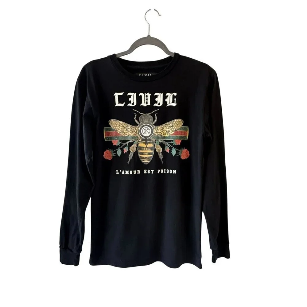 Civil Regime LAmour Est Poison Black Long Sleeve Shirt S 100% Cotton Bee Graphic - Picture 2 of 6